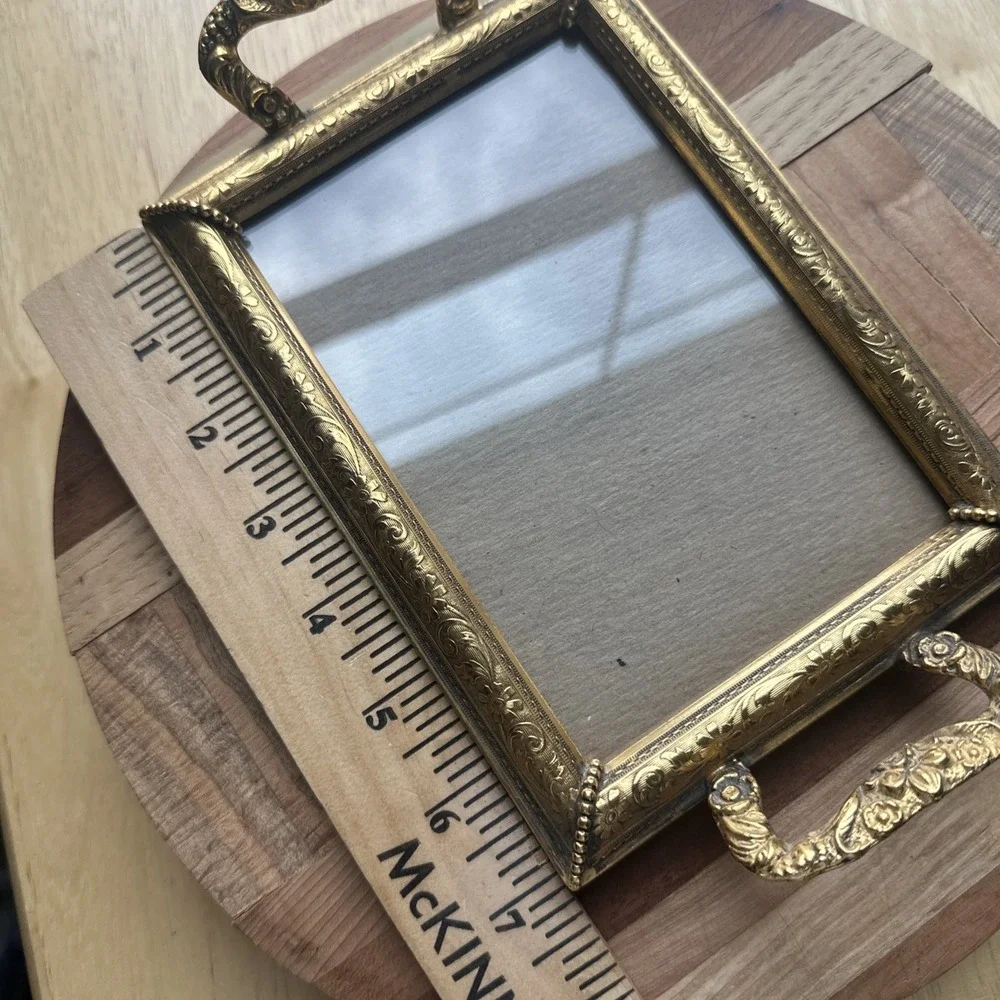 Vintage Picture Vanity Tray 8.5 Inch‎ Handles Velvet Gold Plate Ornate Flowers